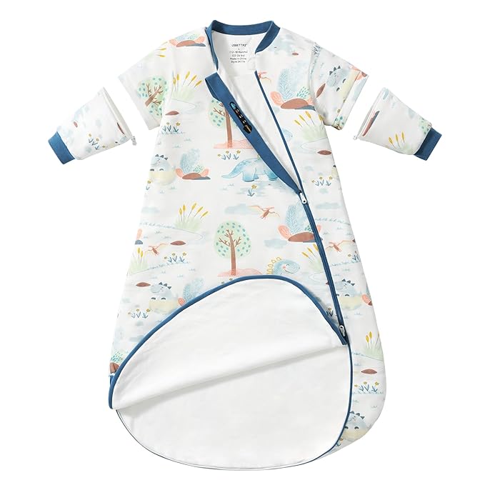 Baby Sleep Sack 3–6 Months, Cotton Sleep Sack with Detachable Long Sleeves, 1.0 TOG Wearable Blanket for Cooler Nights, 2-Way Zipper Toddler Sleeping Sack with Temperature Strip, Dinosaur