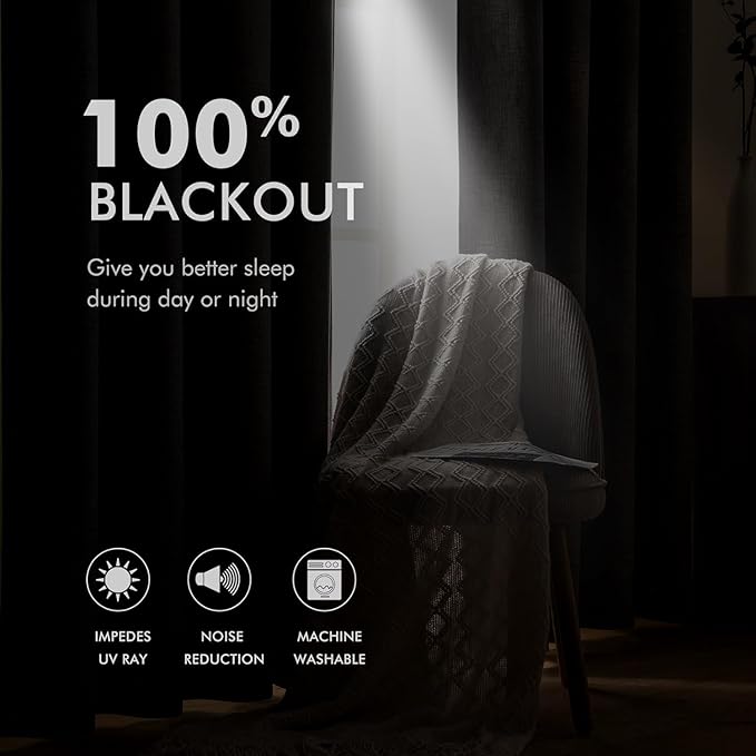 MIULEE Linen Textured Curtains for Bedroom Solid 100% Blackout Thermal Insulated Midnight Blue Grommet Room Darkening Curtains & Drapes Luxury Decor for Living Room Nursery 52 x 45 Inch (2 Panels)