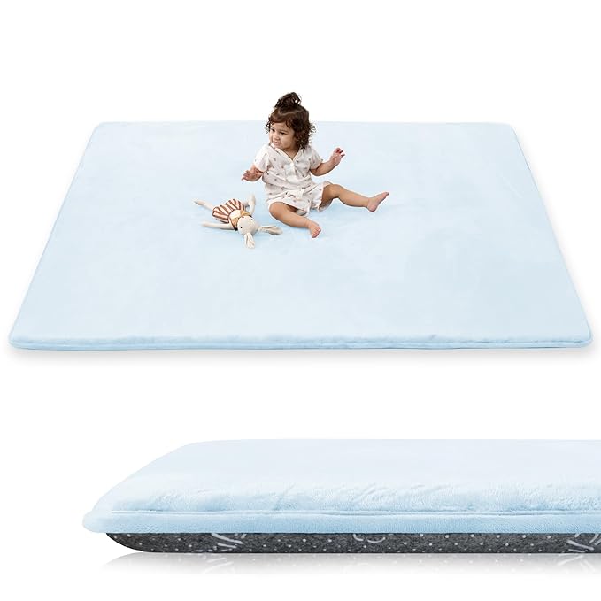 1.5" Thick Baby Play Mat for Floor, 59x79 Playpen Mat, Pro Soft Flannel Foam Mats Toddler Infant Kids Crawling for Nursery Rug Playroom Living Room Waterproof Easy Care Non-Slip (Baby Blue)
