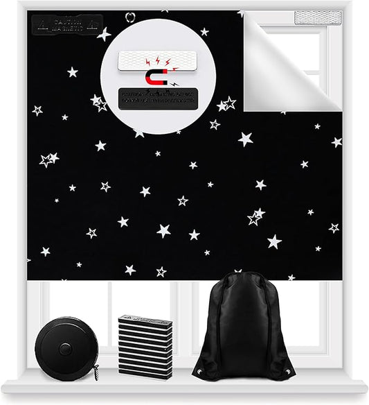 Magnetic Blackout Shades Temporary Blackout Curtains 100% Blackout Blind Window Cover for Windows and Doors, Cut to Any Size/Shape (118"x57") (Moon & Stars)