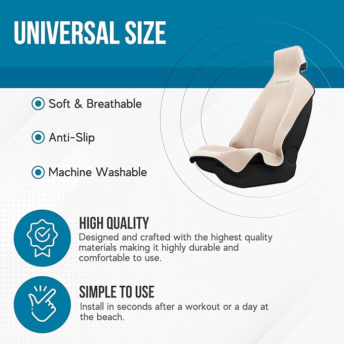 DryvaSeat - Premium Microfiber Towel Car Seat Cover - Waterproof & Sweatproof - Universal Fit, Machine Washable, Non-Slip - Seat Protector for Car, Truck, SUV, Van (Beige, 2 Pack)