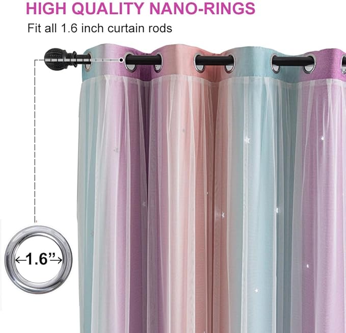 Star Girl and Kids Curtains for Bedroom Rainbow Ombre Double Layer Cute Shot Nursery Darkening Grommet Princess Room Décor 2 Panels Living Room Window Curtain (Pink Purple 35W x 63L)