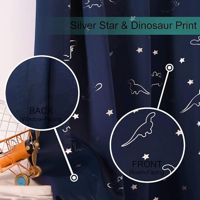 LORDTEX Dinosaur and Star Foil Print Blackout Curtains for Kids Room - Thermal Insulated Curtains Noise Reducing Window Drapes for Boys and Girls Bedroom, 52 x 95 Inch, Navy, Set of 2 Panels