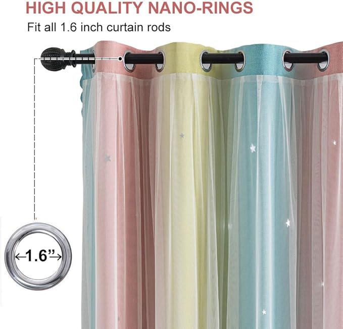 Star Girl and Kids Curtains for Bedroom Rainbow Ombre Double Layer Cute Shot Nursery Darkening Grommet Princess Room Décor 2 Panels Living Room Window Curtain （Blue Pink 52W x 72L）