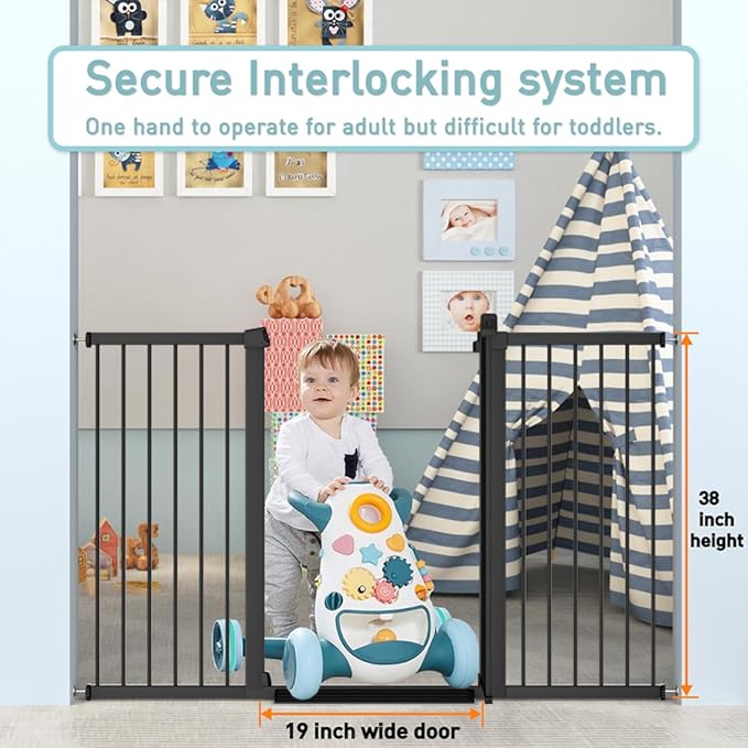 Fairy Baby 26.8"-29.5" Inch Narrow Baby Gate for Small Doorways Stairs, 38" Extra Tall Dog Gate Indoor for Kids or Pets, Metal Safety Gate Pressure Mounted No Drilling Walk Through, Black
