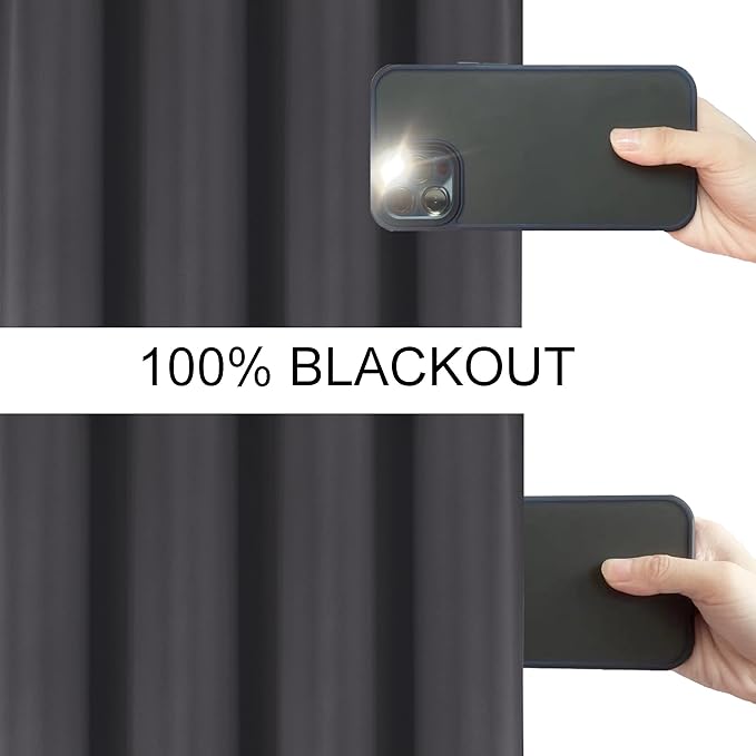 LEMOMO 100% Blackout Curtains 52 x 63 Inch Dark Grey Curtains 2 Panels Darkening Thermal Insulated Bedroom Curtains