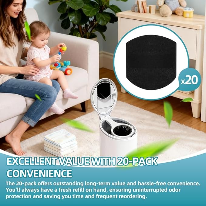 20 Pack Diaper Pail Deodorizer Refills with Hook & Loop Fastener, Activated Charcoal Filters Compatible with Ubbi Steel Diaper Pail, Secure Fit Prevents Falling, Odor Eliminating