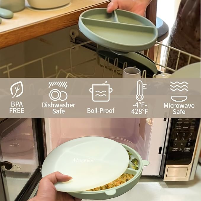 Moonkie Suction Plates for Baby | 100% Silicone BPA-Free Baby Plates with Lids and Food Cover | Divided Design | Microwave and Dishwasher Safe | Toddler Plates 2 Pack