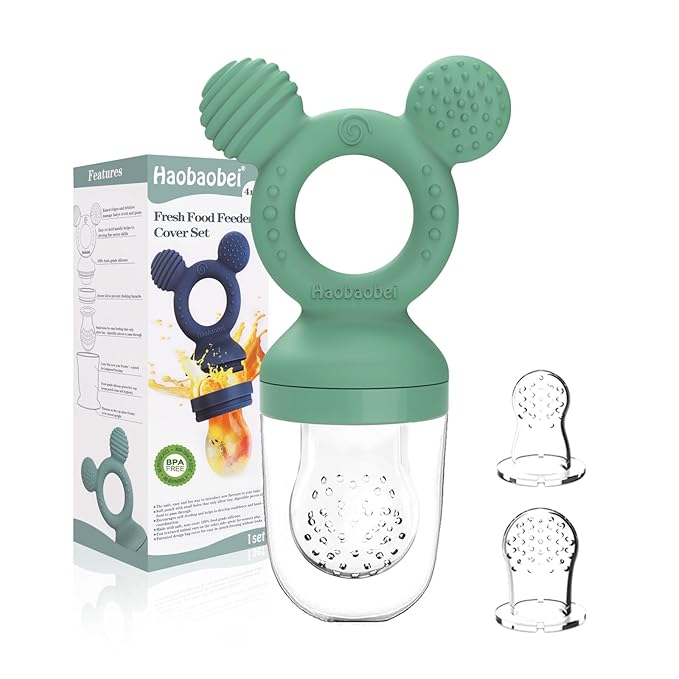 Baby Fruit Feeder, Frozen Teething Toys, Teether Pacifier with 3 Extra Teats, Infant Eating Essentials, BPA Free Baby Feeding Supplies (Grass Green)