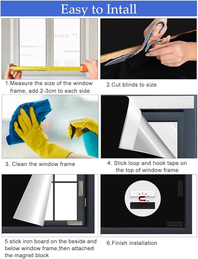100% Blackout Curtain Window Cover for Bedroom 57x79Inch,No Drill Magnetic Blackout Blinds,DIY Cut Black Out Curtains for Nursery Bedroom,Media Room RV with Hook Loop Tape+Magnet Closure