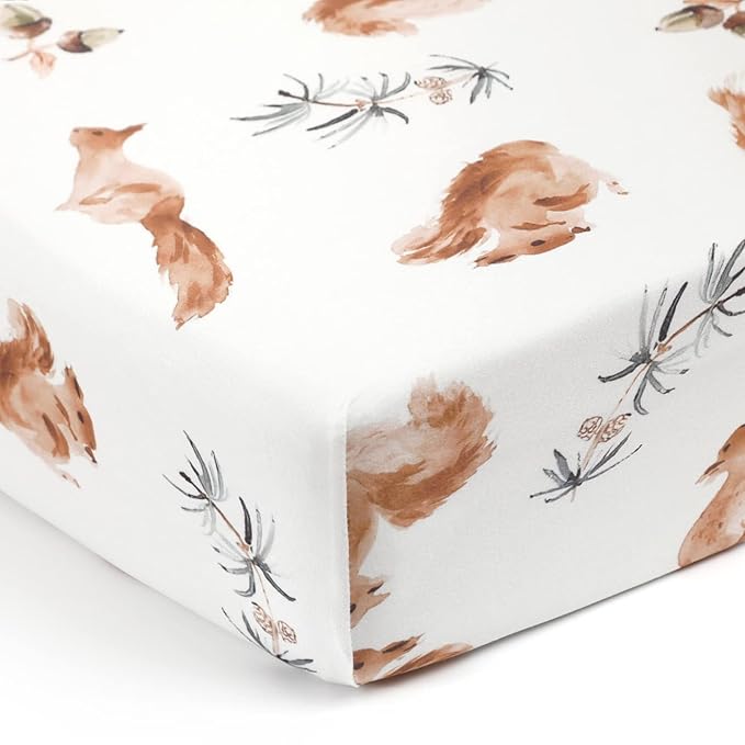 Stretch Ultra Soft Jersey Knit Fitted Crib Sheets Set 2 Pack，Fit All Standard Crib Mattress Pads Safe and Snug, Crib Fitted Sheet for Baby, Cute Jungle Squirrels and Animals
