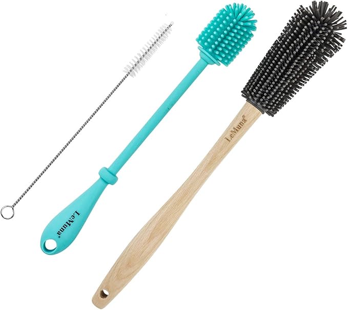 LeMuna Silicone Bottle Brush Set with Wooden Handle - Silicone Brush & Straw Cleaner for Hydro Flask, Sports Bottle, Glassware