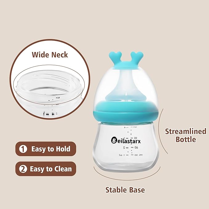Beilastarx Glass Baby Bottles with Natural Response Nipple Size SS - Anti Colic Baby Bottles Wide Neck Slow Flow Baby Bottle (Blue, 4oz (Pack of 2))