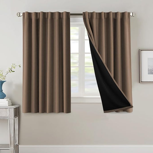 H.VERSAILTEX 100% Blackout Curtains for Bedroom with Black Liner Full Room Darkening Curtains 54 Inches Long Thermal Insulated Back Tab/Rod Pocket Window Drapes for Living Room, 2 Panels, Macchiato