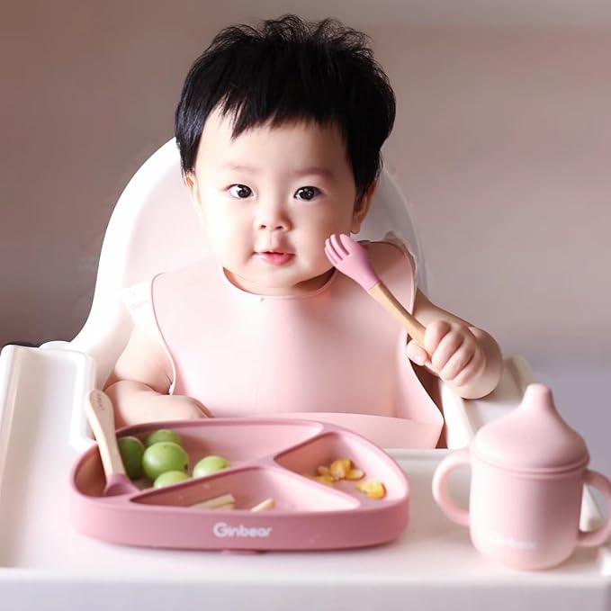 Ginbear Silicone Baby Spoons and Forks Self-feeding 12-18 Months, Soft Tip Baby Flatware Sets for Boy, Toddler Feeding Utensils for Child, 4 Piece Set (Gray/Blue)