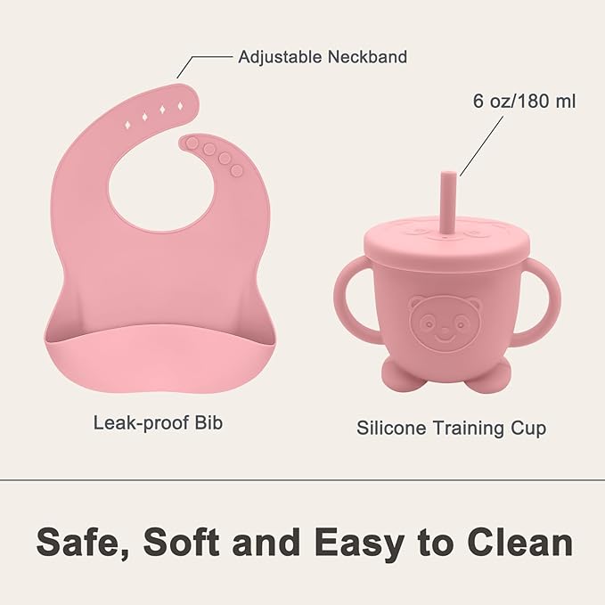 Munlinder Silicone Baby Feeding Set | Baby Led Weaning Supplies Includes Suction Bowls and Divided Plates, Adjustable Bib, Baby Utensils Spoons and Forks,Cup | Baby Feeding Essentials (Pink)