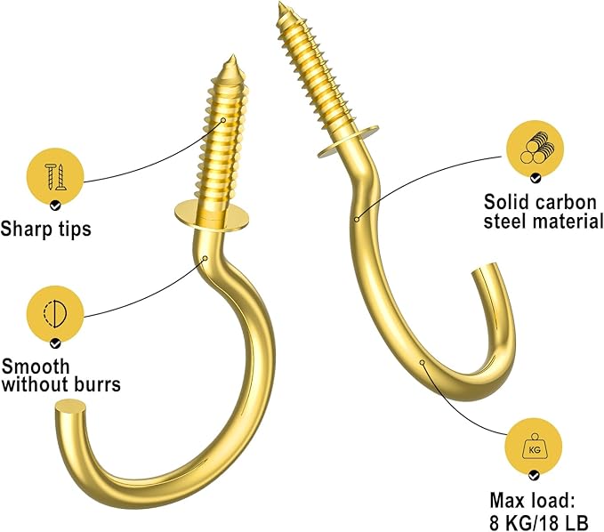 RELBRO Screw Hooks, 1 Inch Metal Screw in Cup Hooks, Gold, 100 Pcs