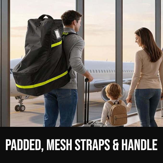 GORILLA GRIP Tear and Water Resistant Padded Car Seat Travel Bag for Airplane and Airport, Universal Fit Baby Carseat Bags, Handle & Shoulder Straps, Air Gate Check Toddler Stroller Carrier, Yellow