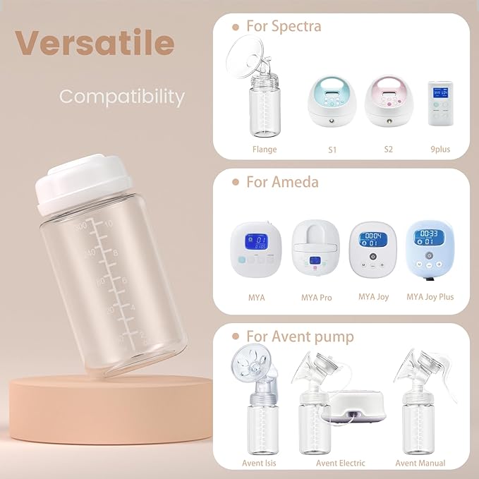IVARONAL 4 Pack 10oz Wide-mouth Breastmilk Storage Bottle for Momcozy 22oz Portable Breast Milk Cooler, Pumping Storage Containers Compatible with Spectra S1/S2/9 Plus/SG/Motif Luna (4PC/White Lids)