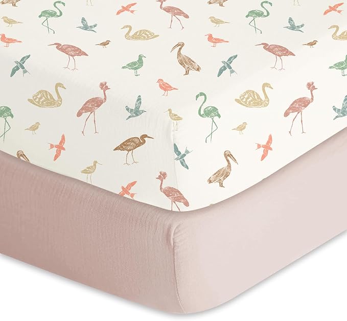 Little Grape Land Muslin Crib Sheets Fitted for Boys and Girls 2 Pack, 100% Cotton Baby Bed Sheets Soft Breathable, Neutral Fitted Baby Mattress Sheets for Standard Crib 52x28 inches, Wetland Bird