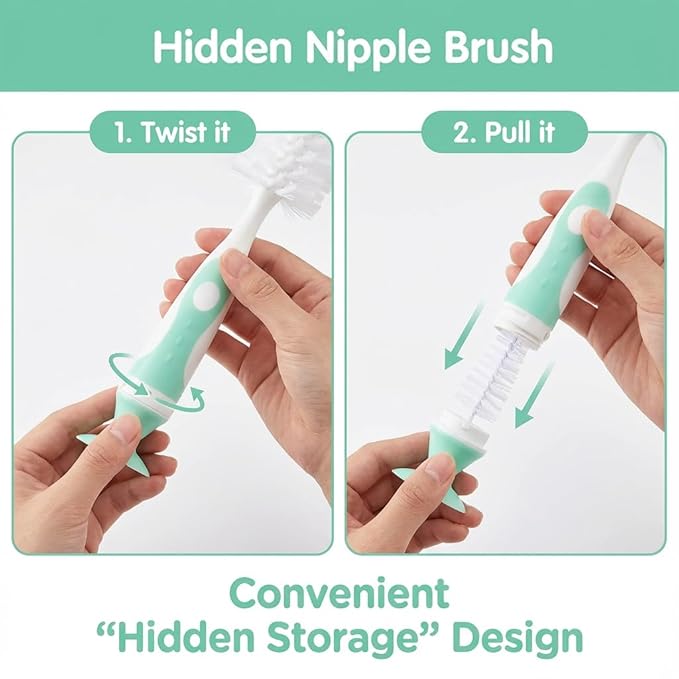 Ariseno 4-in-1 Baby Bottle Brush Set, Bottle Brush Cleaner, Bottle Cleaner Brush Set, Including Nylon Bottle Brush, Bottle Cap Brush, Straw Brush, Nipple Brush, BPA-Free (Green)