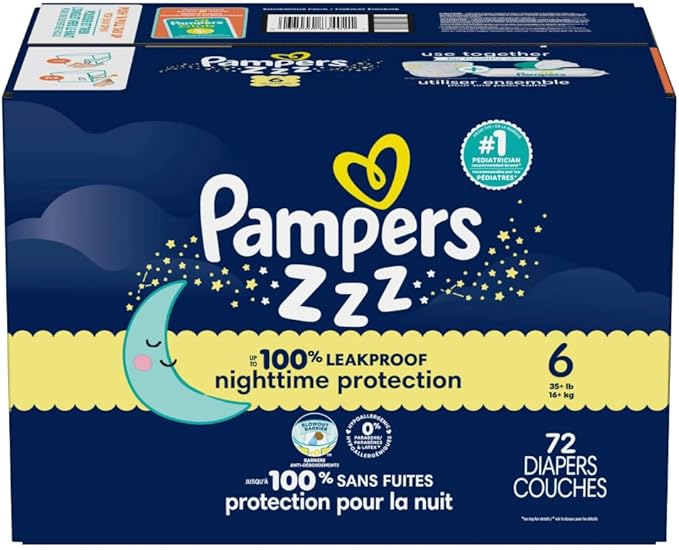 Pampers ZZZ Overnight Diapers, Size 6 (35+ lbs), 72 Count, Nighttime Protection Disposable Baby Diaper, Night Time Leak and Skin Protection