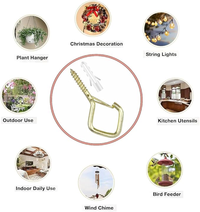 52-Pack Heavy-Duty Golden Screw Eye Hooks with Safety Clips | Metal Ceiling Hooks for Hanging Plants, Wind Chimes, Bird Feeders & Indoor/Outdoor Lights