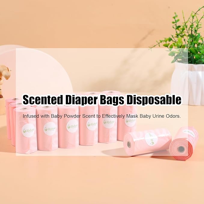 USBOO Disposable Diaper Bags for Baby - 20 Refill Rolls (300 Pack), Disposable Trash Bag with Dispenser - Cherry Blossom Scented, Pink, Ideal for Diaper Dispoal