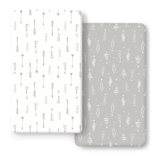GRSSDER Stretchy Ultra Soft Jersey Knit Fitted Crib Sheets Set 2 Pack, Cozy Crib Sheet Fits All Standard Crib Mattress Pads, Christmas Trees and Arrows