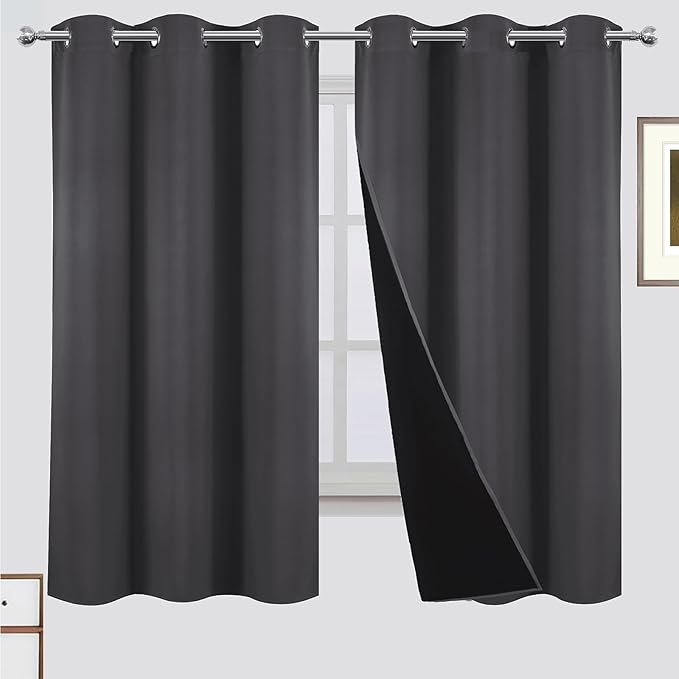 LEMOMO 100% Blackout Curtains 42 x 63 Inch Dark Grey Curtains 2 Panels Darkening Thermal Insulated Bedroom Curtains