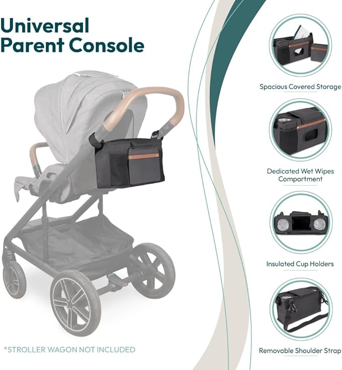 WONDERFOLD Universal Parent Console Stroller Organizer with Insulated Cup Holders, Hook & Loop Closure Handle Attachment, 2 Storage Pockets, Removable Shoulder Strap for Easy Transport