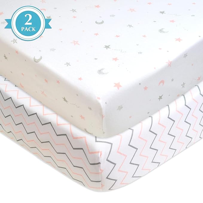 American Baby Company 2 Pack 100% Natural Cotton Fitted Mini Crib Sheets 38" x 24" - Soft & Breathable Small Nesting Portable Sheets, Fits Pack N Play Mattresses, Pink Stars/Zigzag, for Boys & Girls