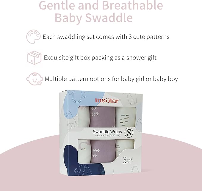 insular Baby Swaddle Wrap, Swaddle Blanket for Newborn and Infant, Adjustable Swaddling Set for Boy and Girl, Soft Cotton Baby Sleep Sack 3 Pack, Beige Swan, Small(0-3 Month)