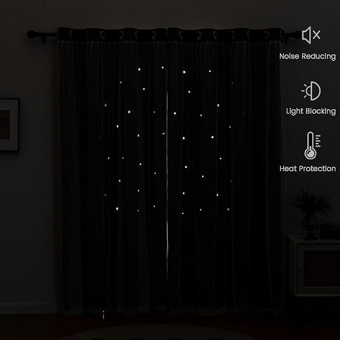 Light Gray Curtains for Kids Bedroom Nursery Decor Star Cutout Double Layer Light Blocking Blackout Curtains for Living Room Kids Room Grommet Top Curtain 2 Panels 34 x 63 inch
