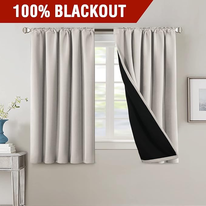 H.VERSAILTEX 100% Blackout Curtains for Bedroom with Black Liner Full Room Darkening Curtains 54 Inch Long Thermal Insulated Back Tab/Rod Pocket Window Drapes for Living Room, 2 Panels, Pumice Stone