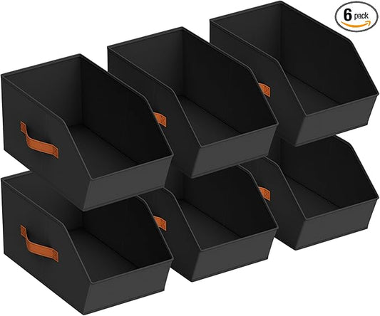 Large Closet Storage Cubes - Closet Storage Bins with Dual Handles for Clothes, Towels, Toys, Shelf Organizer Bins for Bedroom, Nursery, Shelves, Small Spaces, Black, 6 Pack