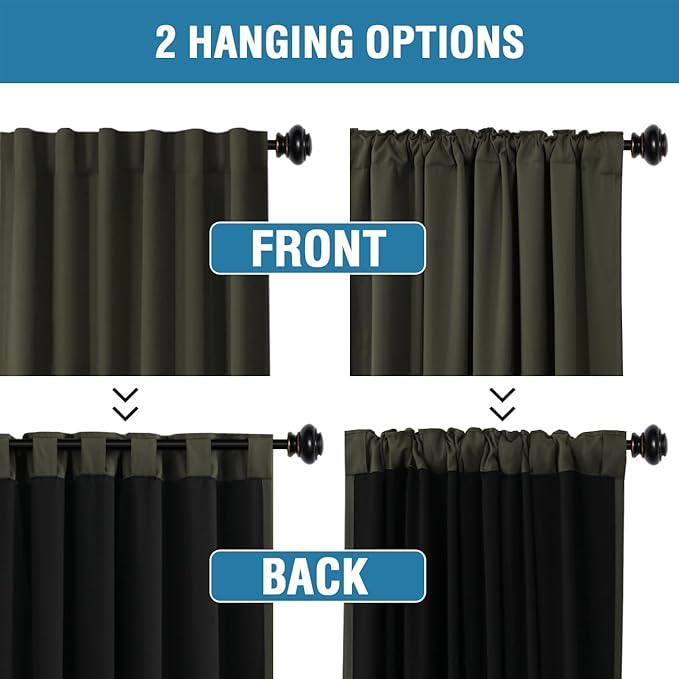 H.VERSAILTEX 100% Blackout Curtains for Bedroom with Black Liner Full Room Darkening Curtain 63 Inch Long Thermal Insulated Back Tab/Rod Pocket Window Drapes for Living Room, 2 Panels, Olive