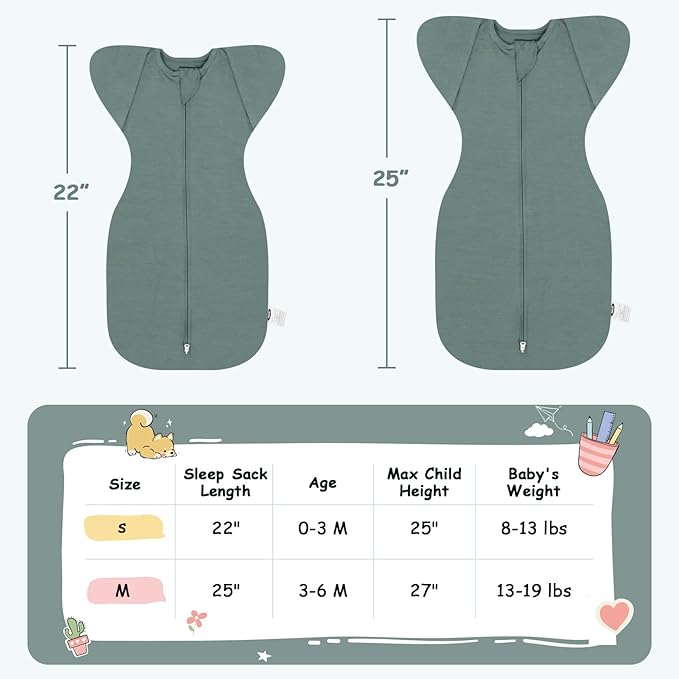 MEXXI Swaddle Baby Sleep Sack With Arms Up, 2 Pack Baby Transitional Swaddle with Double Zipper,0.5 TOG, 8-13 lbs, S
