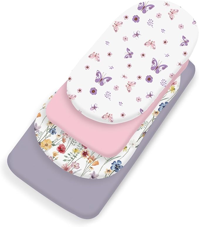 Little Grape Land Bassinet Sheets 4 Pack, 33" x 18" Fitted Bassinet Sheets Up to 4" Deep Pocket, Ultra Soft Baby Bassinet Fitted Sheets for Bassinet Mattress, Butterfly Meadow