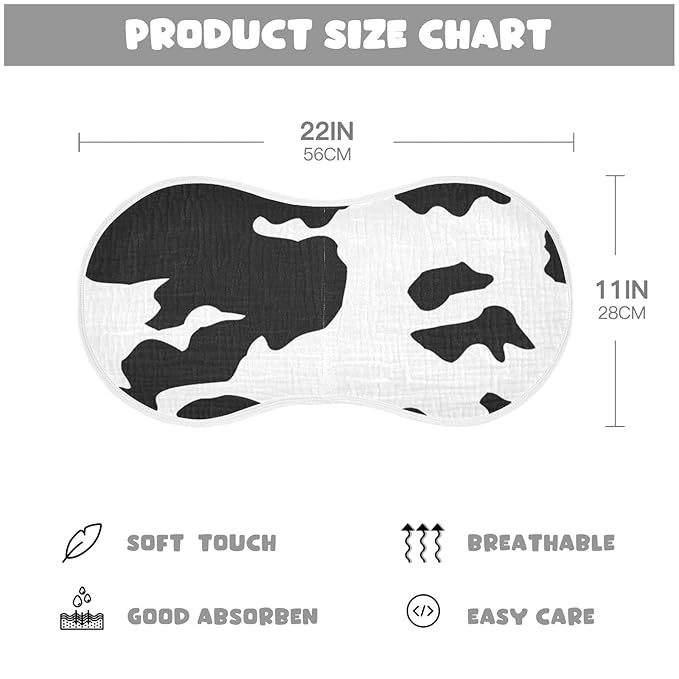 WELLDAY Muslin Baby Burp Cloths Set of 4, Soft Absorbent Animal Cow Print Muslin Washcloths, Bibs, Face Towel for Newborn Boys Girls, 22 x 11 Inch