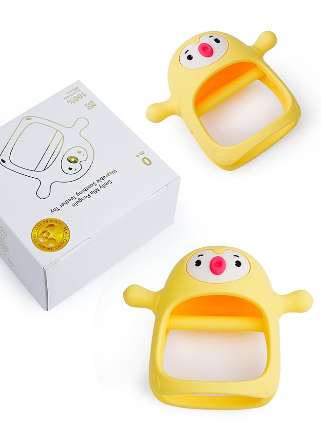 Smily Mia Smily Mia 2Packs Penguin Teethers, TeethingToys for Babies 0-6Months, Baby Teethers for 3-6Months, Teething Mittens for Infants, Pacifiers for Breastfed Babies, Light Yellow
