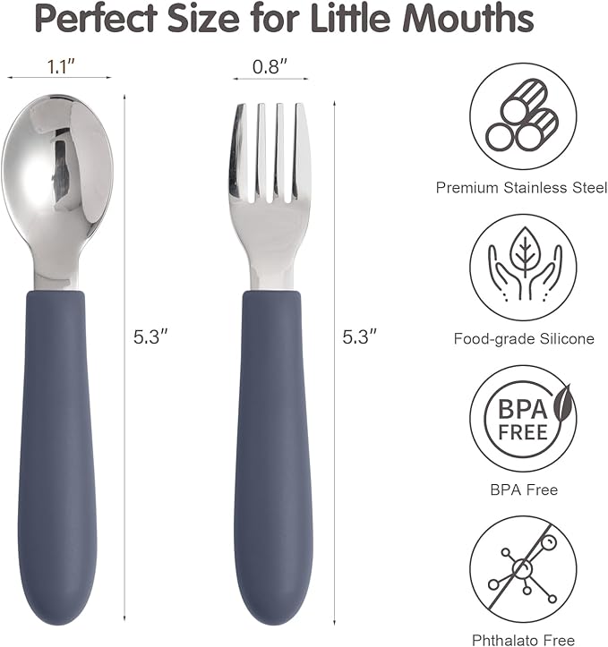 Eascrozn 6 Pack Toddler Utensils, Kids Silverware Set with Silicone Handle, Children Safe Forks and Spoons, 18/8 Stainless Steel, Food Grade Silicone Feeding Supplies, Dishwasher Safe