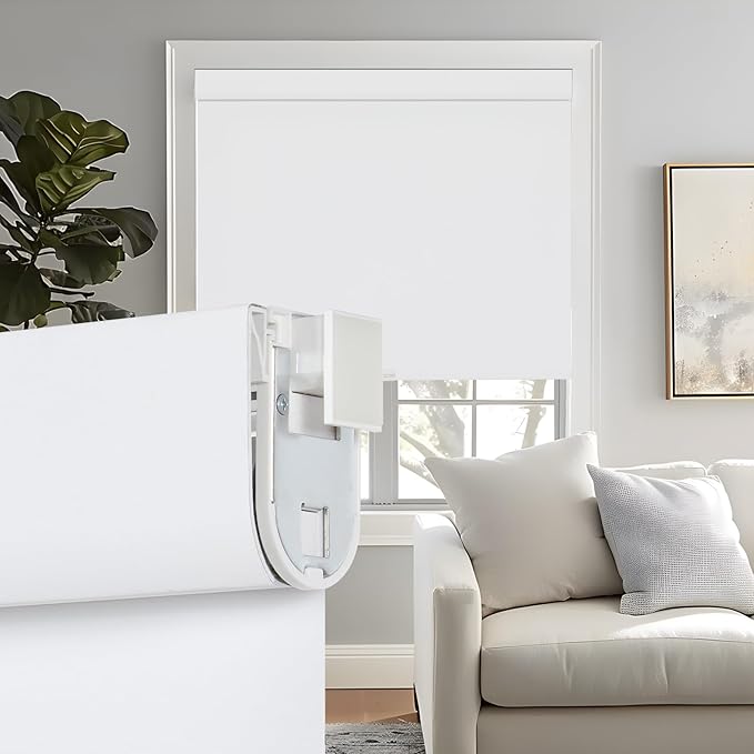 Persilux No Drill No Tools 100% Blackout Roller Blinds for Indoor Windows, Free-Stop Cordless Roller Shades for Windows, Thermal Insulated Fabric Window Blinds for Home Bedroom (White, 28" W x 72" H)