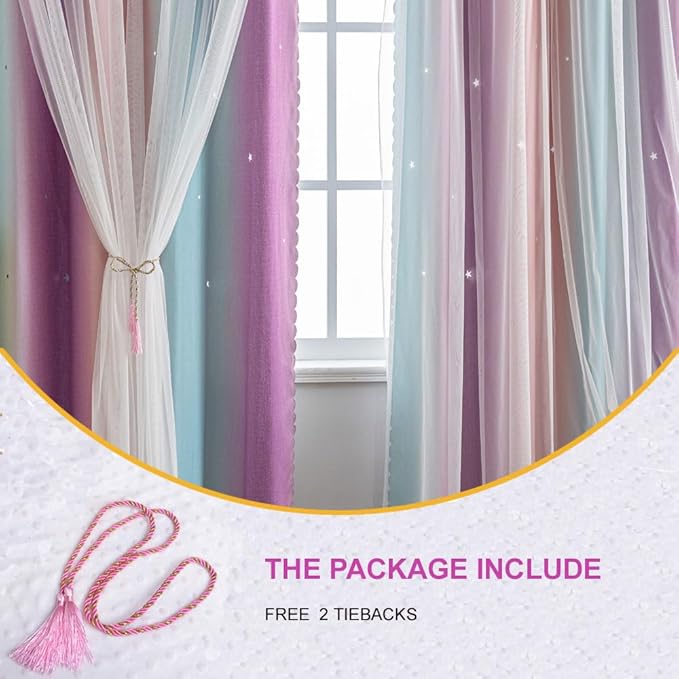 Star Girl and Kids Curtains for Bedroom Rainbow Ombre Double Layer Cute Shot Nursery Darkening Grommet Princess Room Décor 2 Panels Living Room Window Curtain (Pink Purple52W x 95L