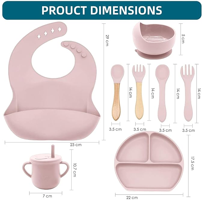 Dormlony 100% Silicone baby feeding set,BPA free Baby dishes set with Suction Bowl Divided Plate,Toddler Self Feeding Dish Set with Spoons Forks Sippy Cup And Bib, Baby Eating Utensils (Lilac)