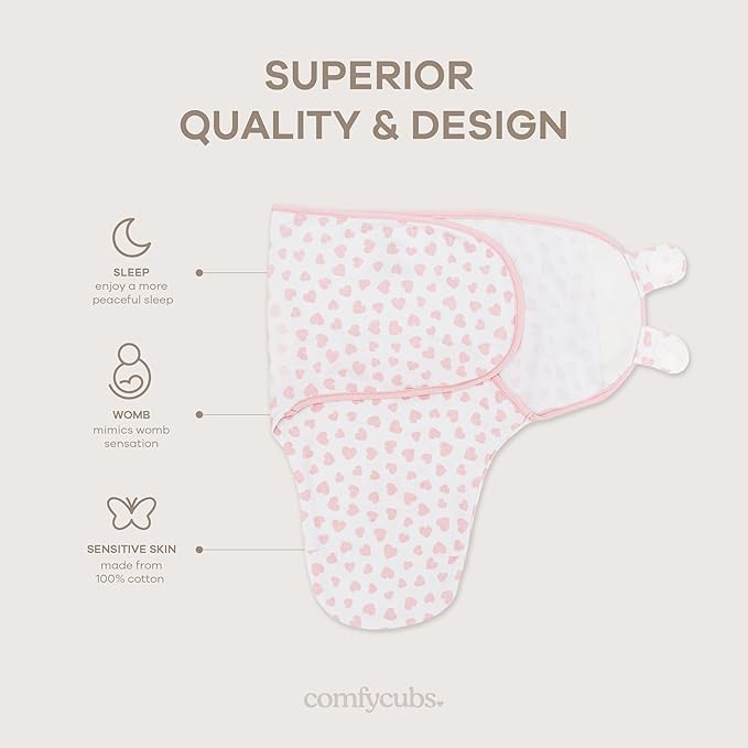 Comfy Cubs Easy Swaddle Blanket, 3 Pack - 100% Cotton Newborn Wrap, Small for 0-3 Months Infants, with Adjustable Velcro, Breathable and Durable Sleep Sack for Babies - Pink
