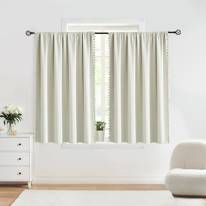 Treatmentex Pom Pom Blackout Curtains Ivory Short Natural Thermal Insulated Window Drapes for Kids 52"X54"L 2pc Rod Pocket