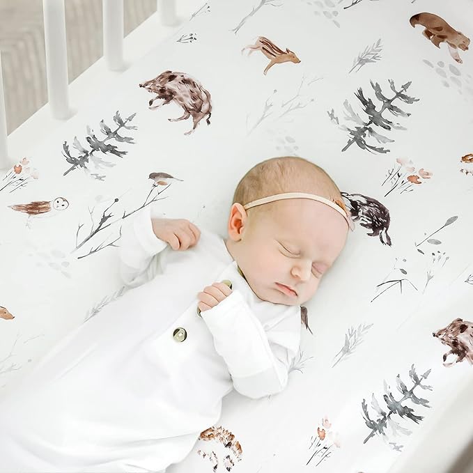 Stretch Ultra Soft Jersey Knit Fitted Crib Sheets Set 2 Pack，Fit All Standard Crib Mattress Pads Safe and Snug, Crib Fitted Sheet for Baby, Cute Jungle Squirrels and Animals