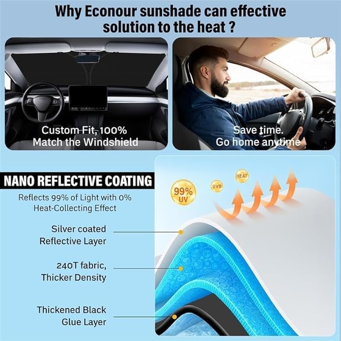 EcoNour Windshield Sun Shade Compatible for Ford Econoline E-Series 1992–2026 | Van Front Window Sunshade | Heavy-Duty Foldable Sun Visor Protector | Blocks UV Rays & Reduces Cabin Heat