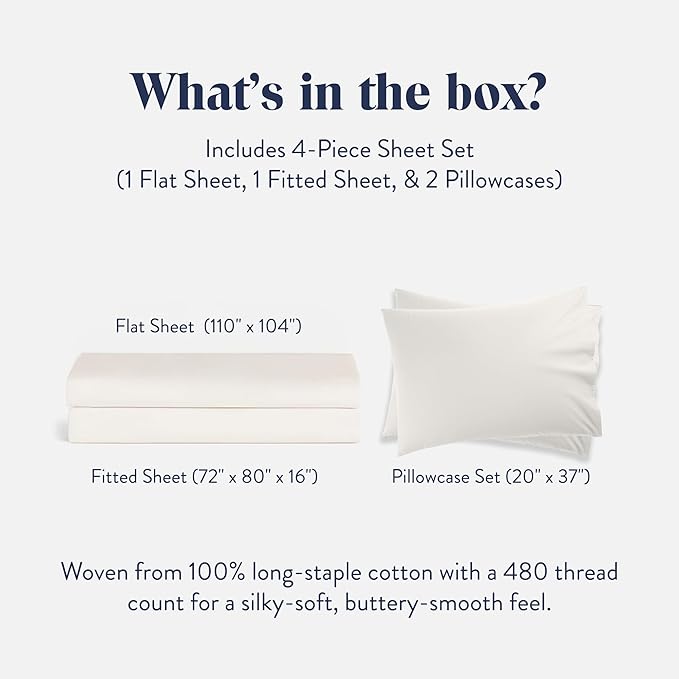 Brooklinen Luxury Sateen 4 Piece Sheet Set - 100% Cotton Bed Sheets, Soft & Durable California King Size Sheets Set in Cream, Oeko-TEX Certified Bedding Set,1 Fitted Sheet,1 Flat Sheet,2 Pillowcases